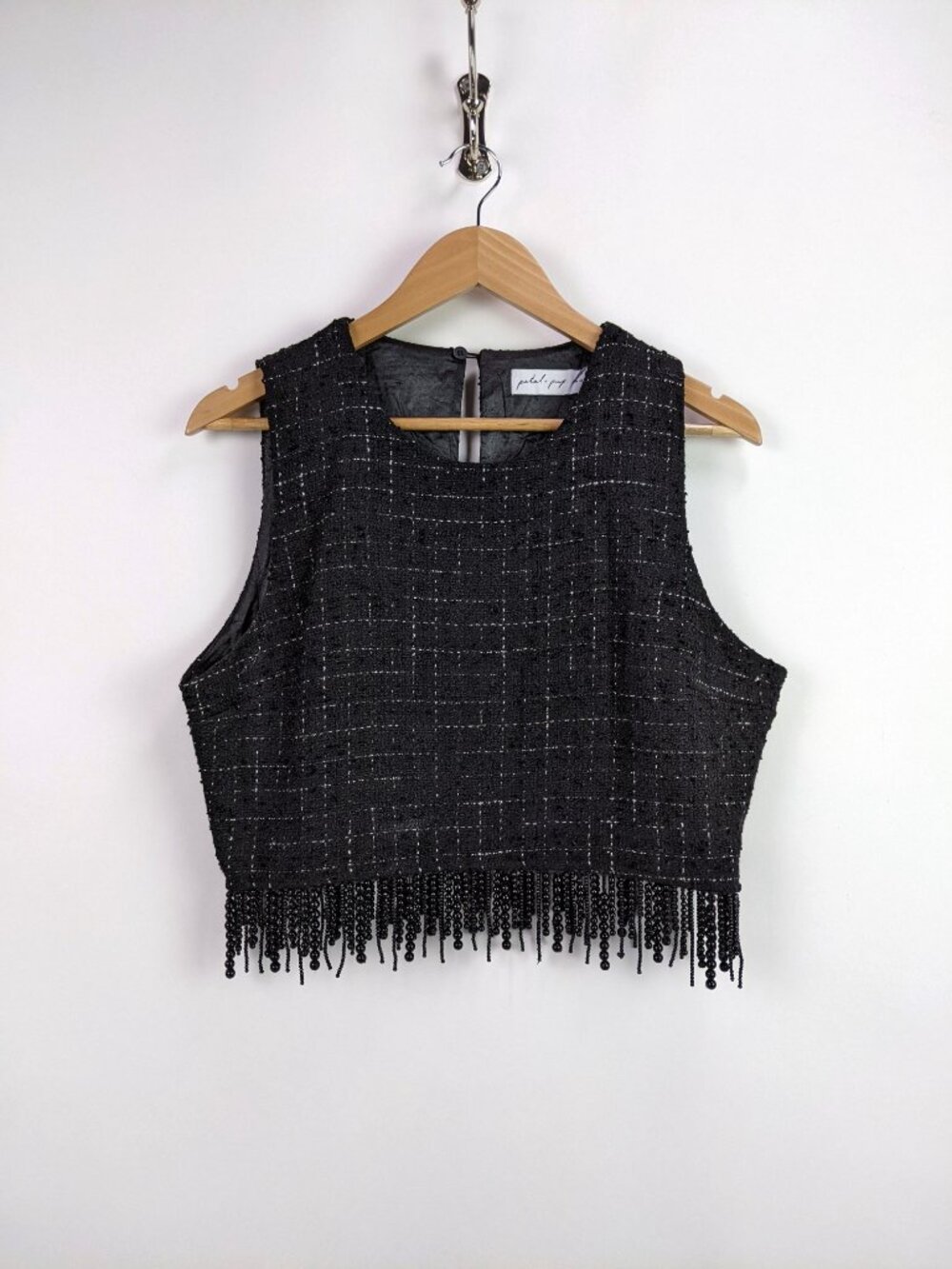 Petal & Pup Milana Tweed Bead Fringe Sleeveless Top in Black Size XL